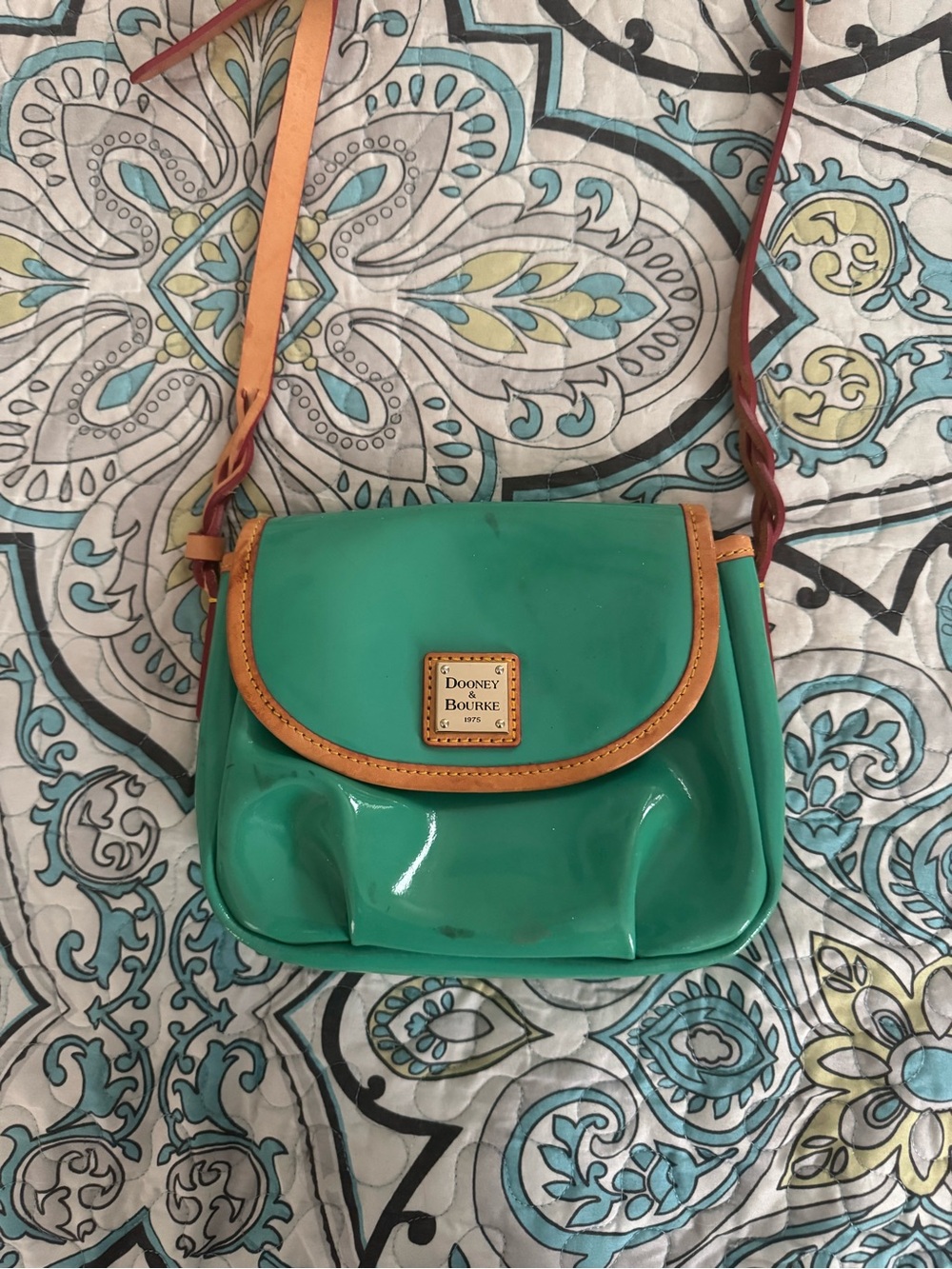 Dooney & Bourke Teal Patent Crossbody with Tan Trim - Used Condition. See pics.